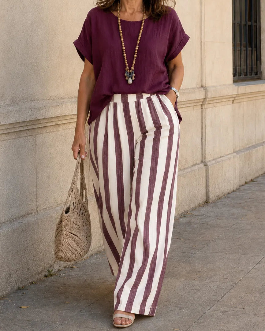 MARIANELA™ | CONJUNTO DE BLUSA FLUIDA Y PANTALÓN A RAYAS
