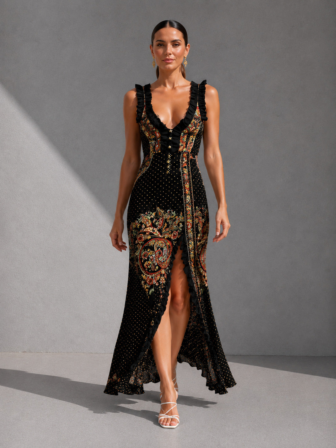 CANDELA | VESTIDO BOHO DE ESTAMPADO ÉTNICO Y ABERTURA