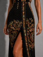 CANDELA | VESTIDO BOHO DE ESTAMPADO ÉTNICO Y ABERTURA